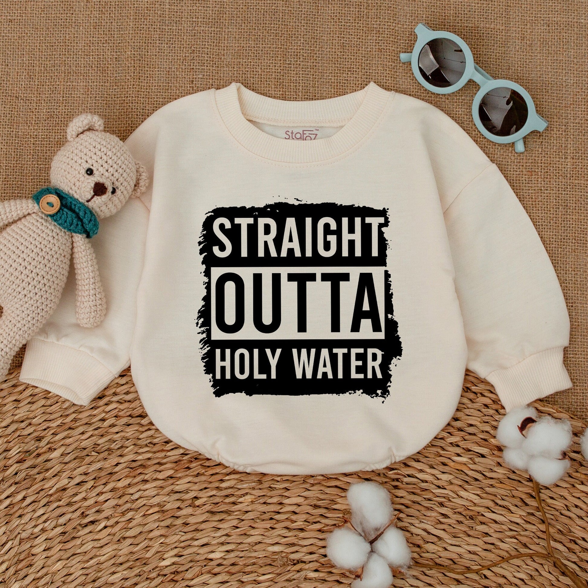 Straight Outta Holy Water Funny Baby Romper Bodysuit with Distressed Graphic Design Baptism Keepsake Outfit Newborn Bubble Gift Idea