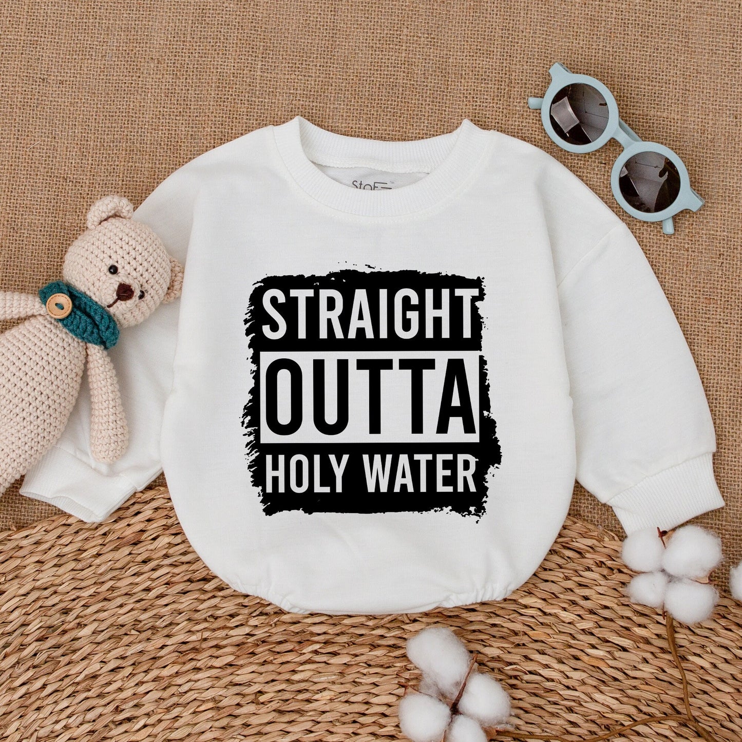Straight Outta Holy Water Funny Baby Romper Bodysuit with Distressed Graphic Design Baptism Keepsake Outfit Newborn Bubble Gift Idea