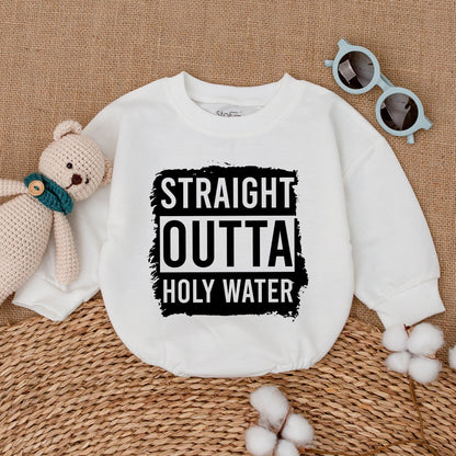 Straight Outta Holy Water Funny Baby Romper Bodysuit with Distressed Graphic Design Baptism Keepsake Outfit Newborn Bubble Gift Idea