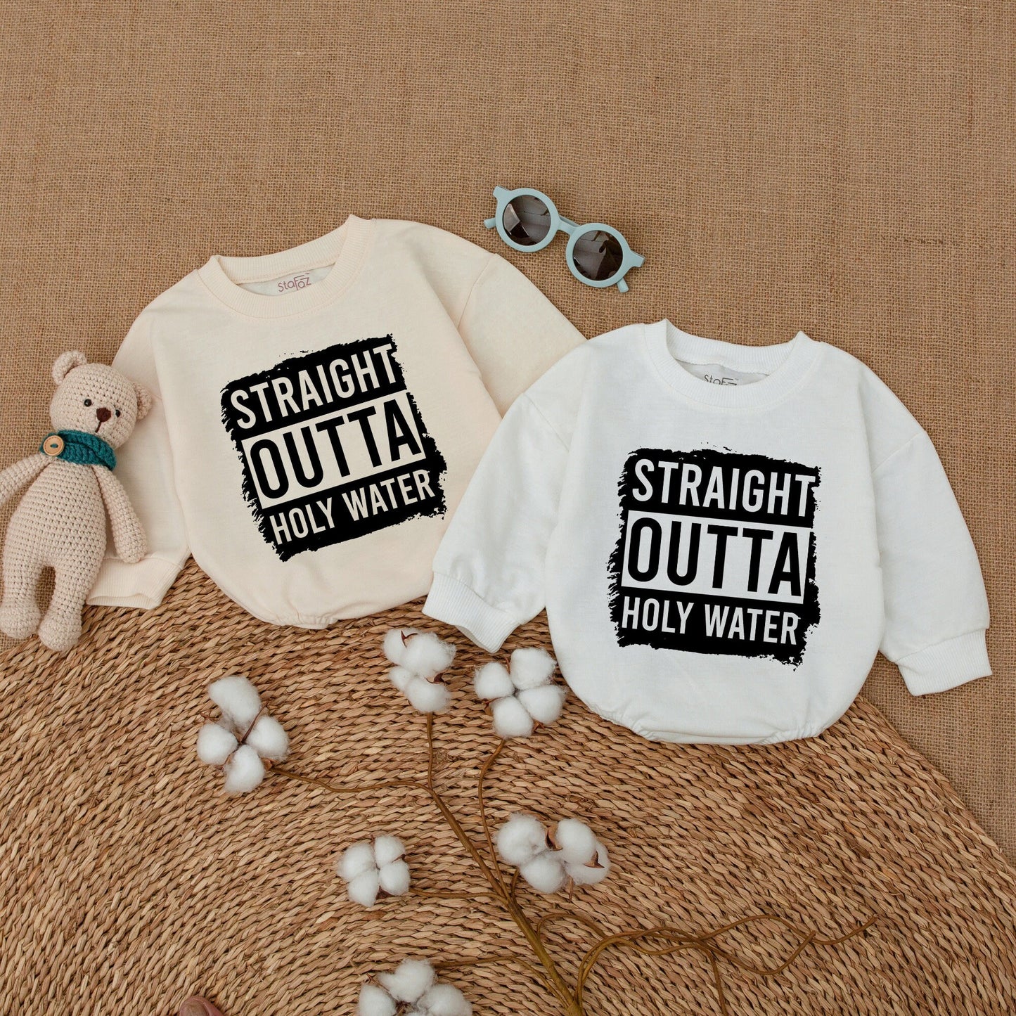 Straight Outta Holy Water Funny Baby Romper Bodysuit with Distressed Graphic Design Baptism Keepsake Outfit Newborn Bubble Gift Idea