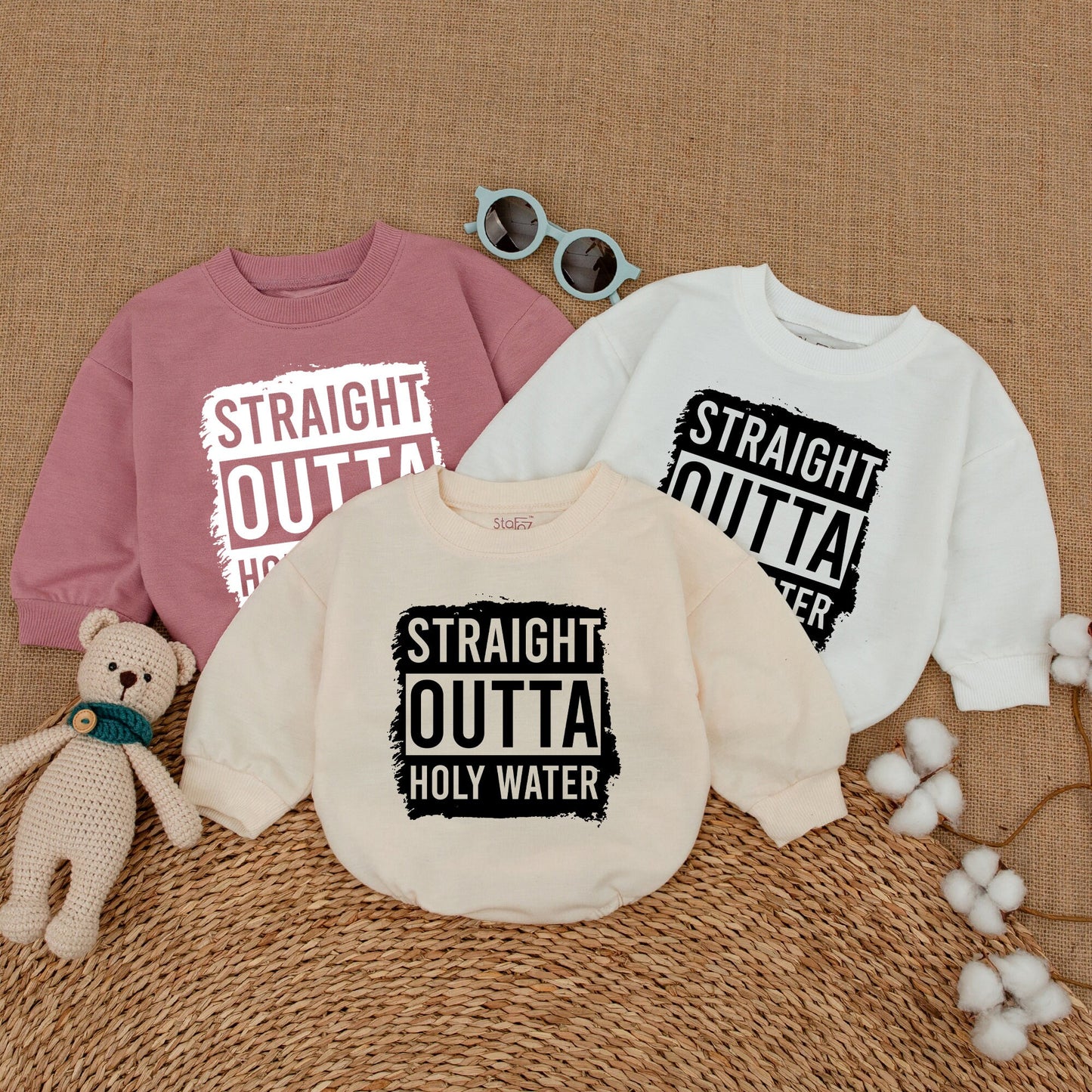 Straight Outta Holy Water Funny Baby Romper Bodysuit with Distressed Graphic Design Baptism Keepsake Outfit Newborn Bubble Gift Idea