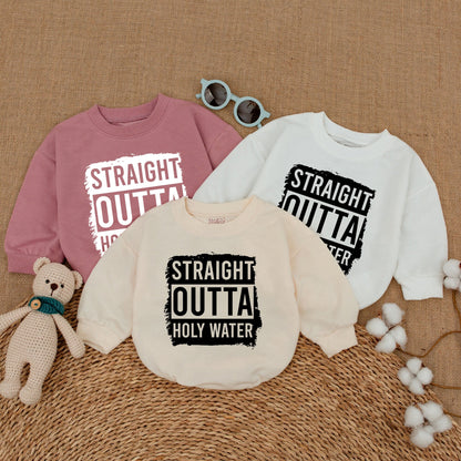 Straight Outta Holy Water Funny Baby Romper Bodysuit with Distressed Graphic Design Baptism Keepsake Outfit Newborn Bubble Gift Idea