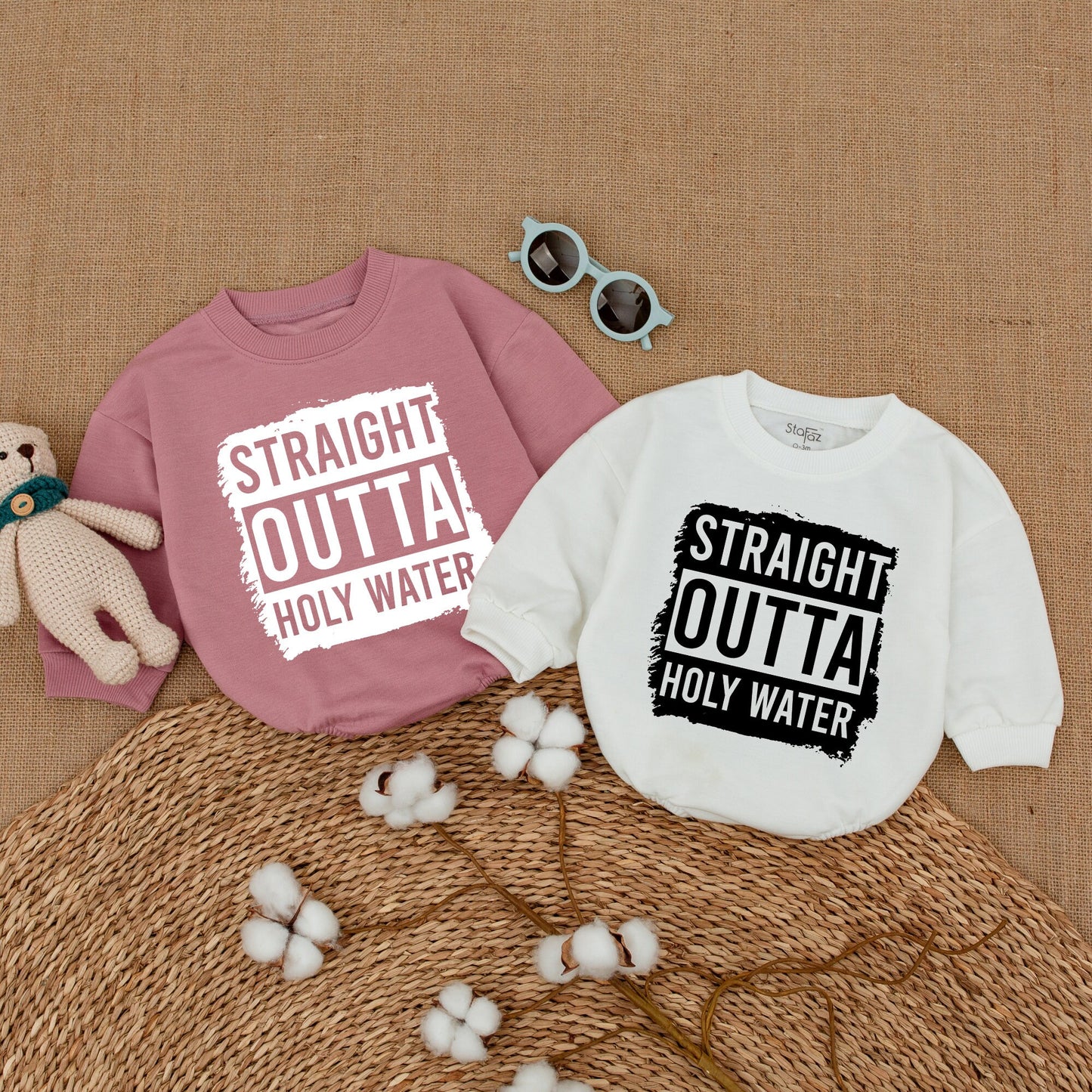 Straight Outta Holy Water Funny Baby Romper Bodysuit with Distressed Graphic Design Baptism Keepsake Outfit Newborn Bubble Gift Idea