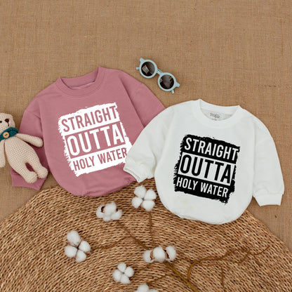 Straight Outta Holy Water Funny Baby Romper Bodysuit with Distressed Graphic Design Baptism Keepsake Outfit Newborn Bubble Gift Idea