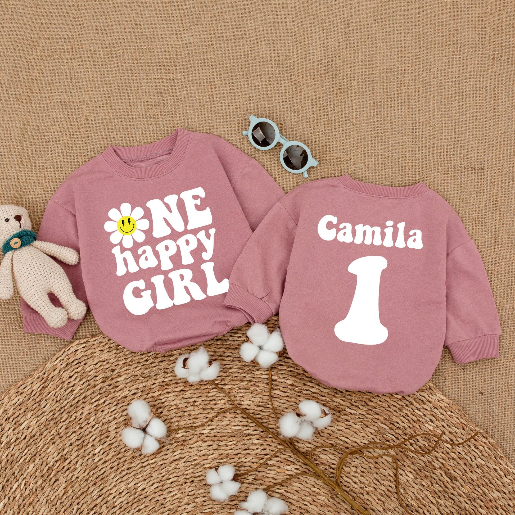 Personalized Baby Girl First Birthday Romper One Happy Girl Groovy Daisy Bodysuit Pink Smiley Face Vintage Celebration Outfit Gift