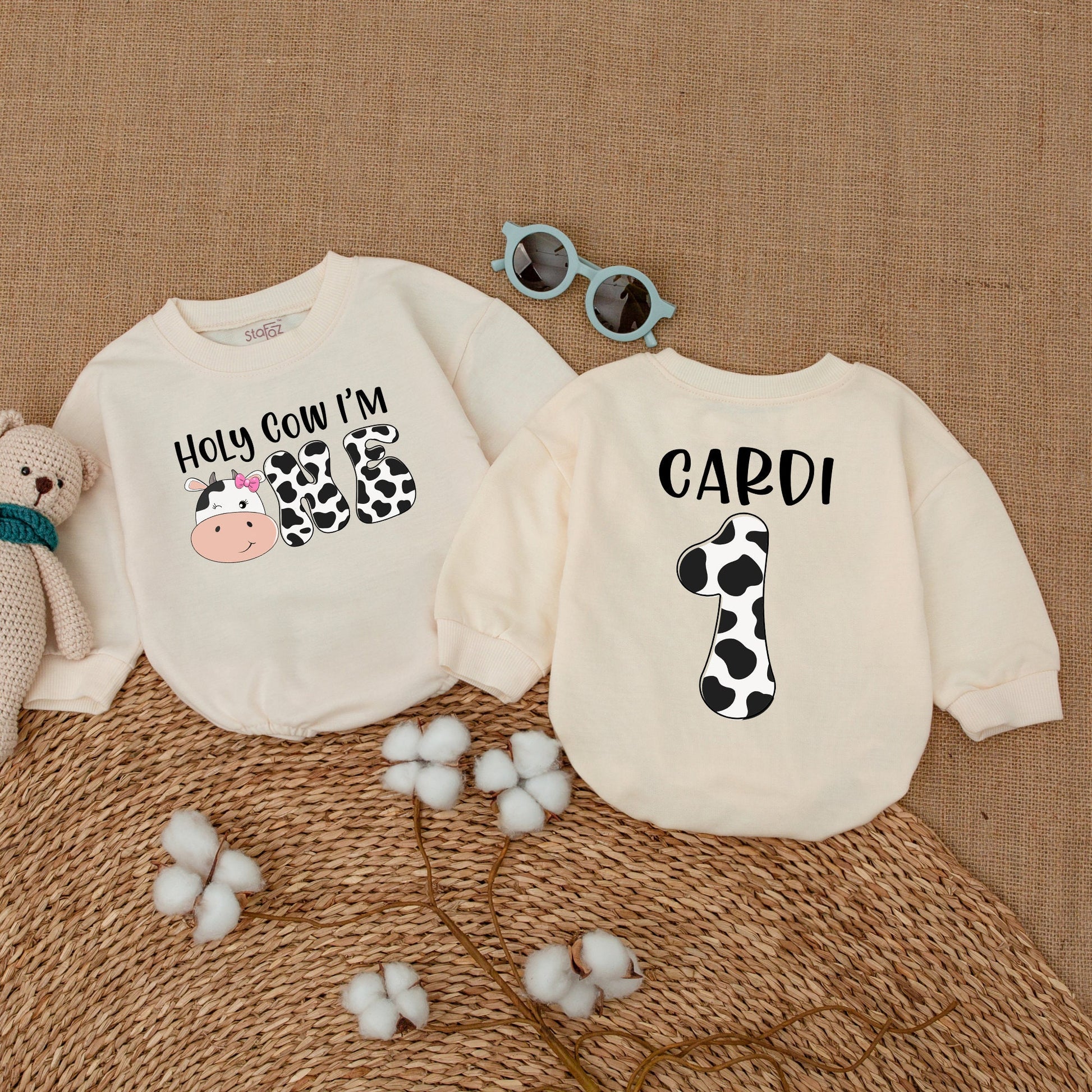 Personalized Holy Cow I'm ONE Baby Girl First Birthday Romper Whimsical Cow Print Bodysuit Farm Theme Bubble Romper Shower Gift
