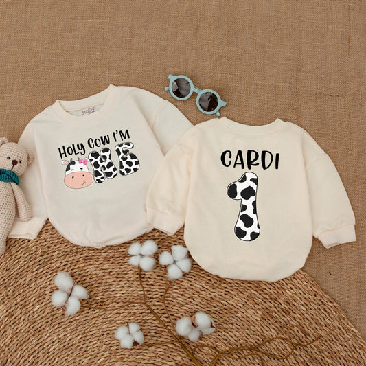 Personalized Holy Cow I'm ONE Baby Girl First Birthday Romper Whimsical Cow Print Bodysuit Farm Theme Bubble Romper Shower Gift