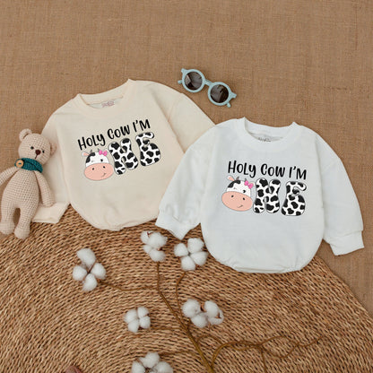 Personalized Holy Cow I'm ONE Baby Girl First Birthday Romper Whimsical Cow Print Bodysuit Farm Theme Bubble Romper Shower Gift