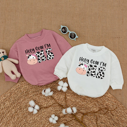Personalized Holy Cow I'm ONE Baby Girl First Birthday Romper Whimsical Cow Print Bodysuit Farm Theme Bubble Romper Shower Gift