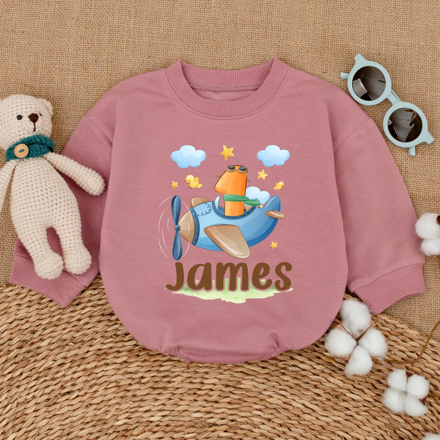 Personalized Blue Cartoon Airplane First Birthday Boy Romper Smash Cake Whimsical Pilot Number One Aviator Baby Bodysuit Shower Gift