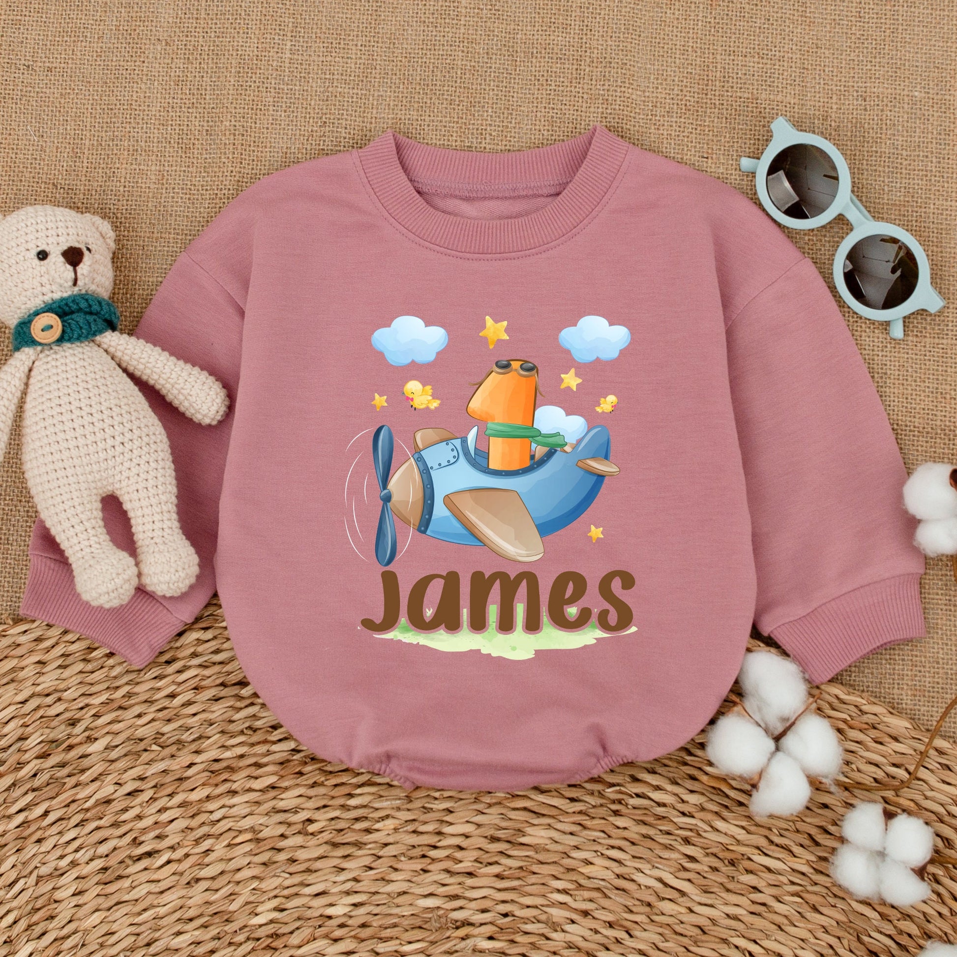 Personalized Blue Cartoon Airplane First Birthday Boy Romper Smash Cake Whimsical Pilot Number One Aviator Baby Bodysuit Shower Gift