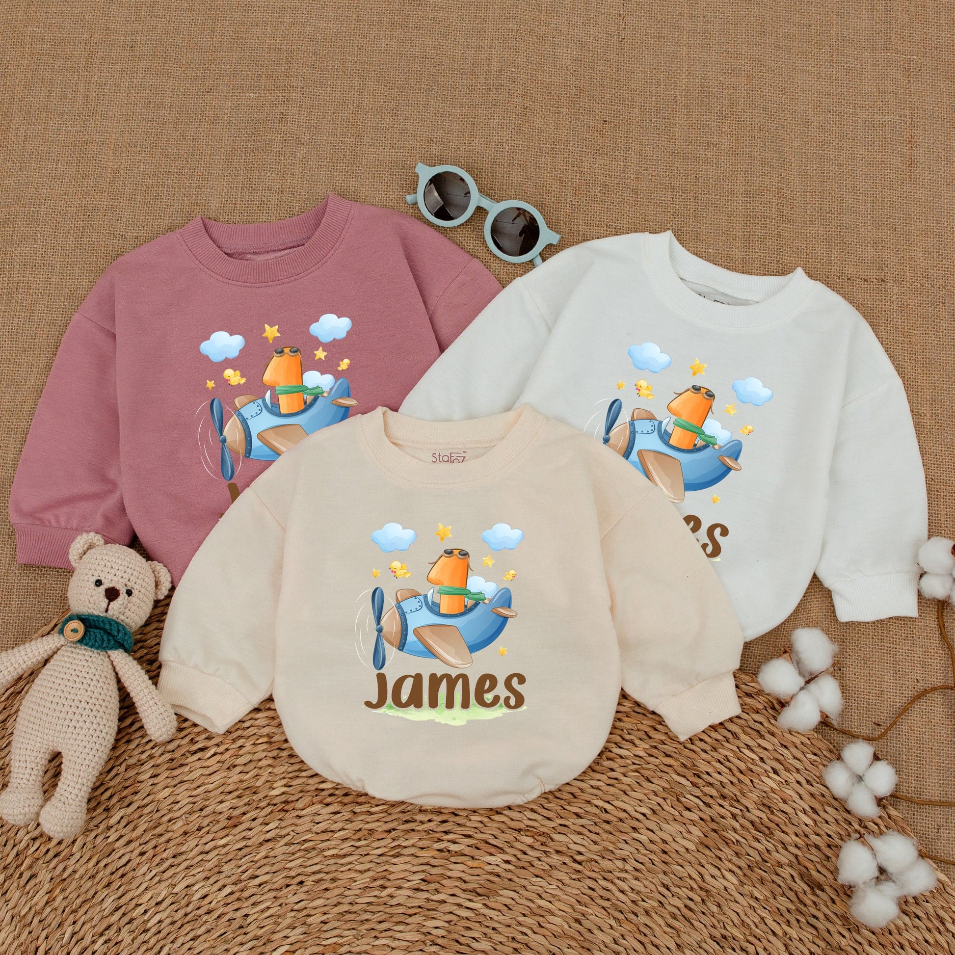 Personalized Blue Cartoon Airplane First Birthday Boy Romper Smash Cake Whimsical Pilot Number One Aviator Baby Bodysuit Shower Gift