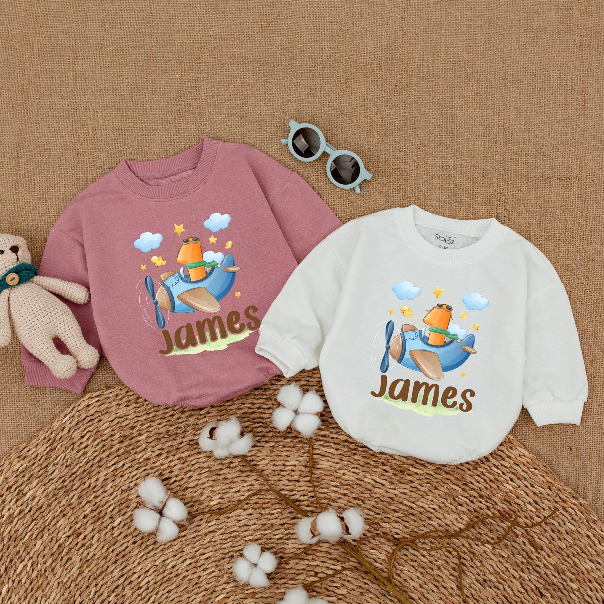Personalized Blue Cartoon Airplane First Birthday Boy Romper Smash Cake Whimsical Pilot Number One Aviator Baby Bodysuit Shower Gift