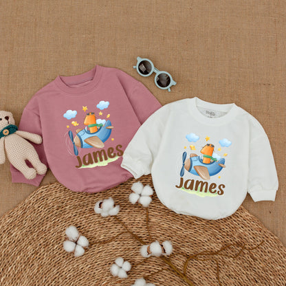 Personalized Blue Cartoon Airplane First Birthday Boy Romper Smash Cake Whimsical Pilot Number One Aviator Baby Bodysuit Shower Gift