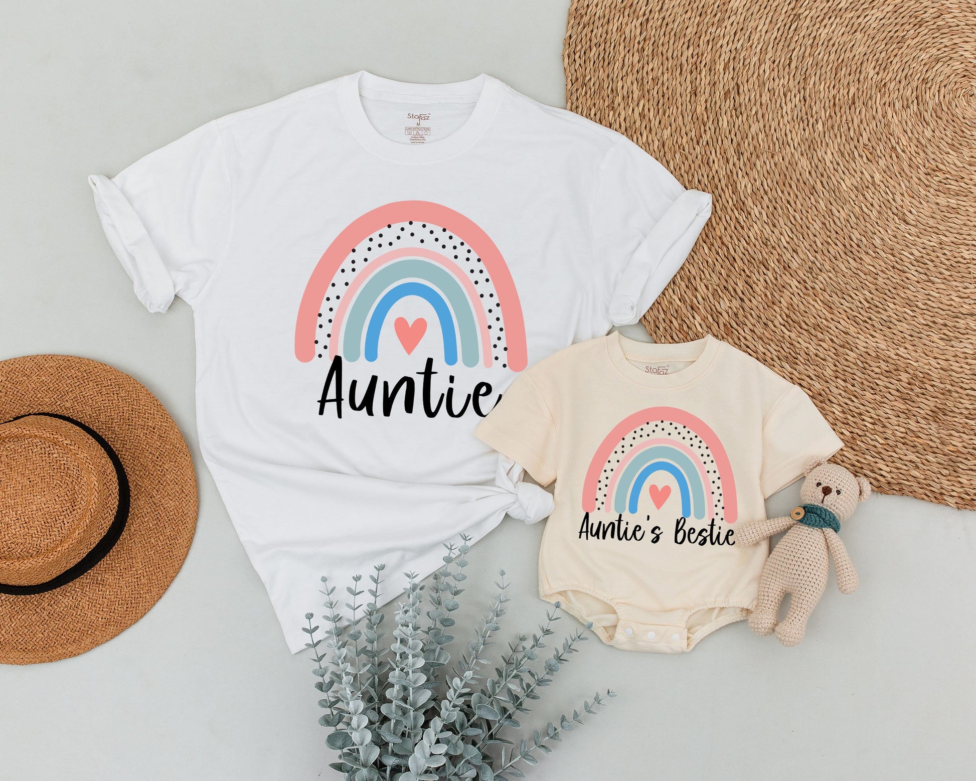 Personalized Auntie and Bestie Matching Shirts Pastel Rainbow Heart Design Toddler Baby Aunt Niece Nephew Gift Set Family Reveal Outfit Announcement Idea