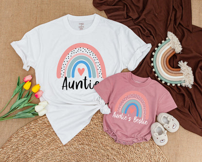 Personalized Auntie and Bestie Matching Shirts Pastel Rainbow Heart Design Toddler Baby Aunt Niece Nephew Gift Set Family Reveal Outfit Announcement Idea