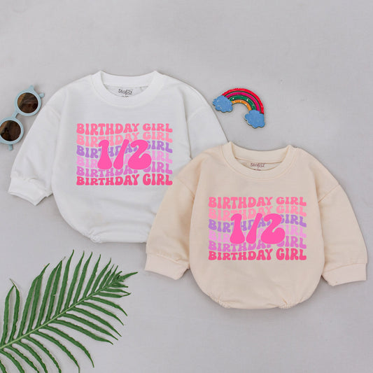 Retro Half Birthday Girl Romper Pink Lavender Wavy 1/2 Design Baby Outfit 6 Months Old Half Way To One Celebration Gift Newborn Clothes