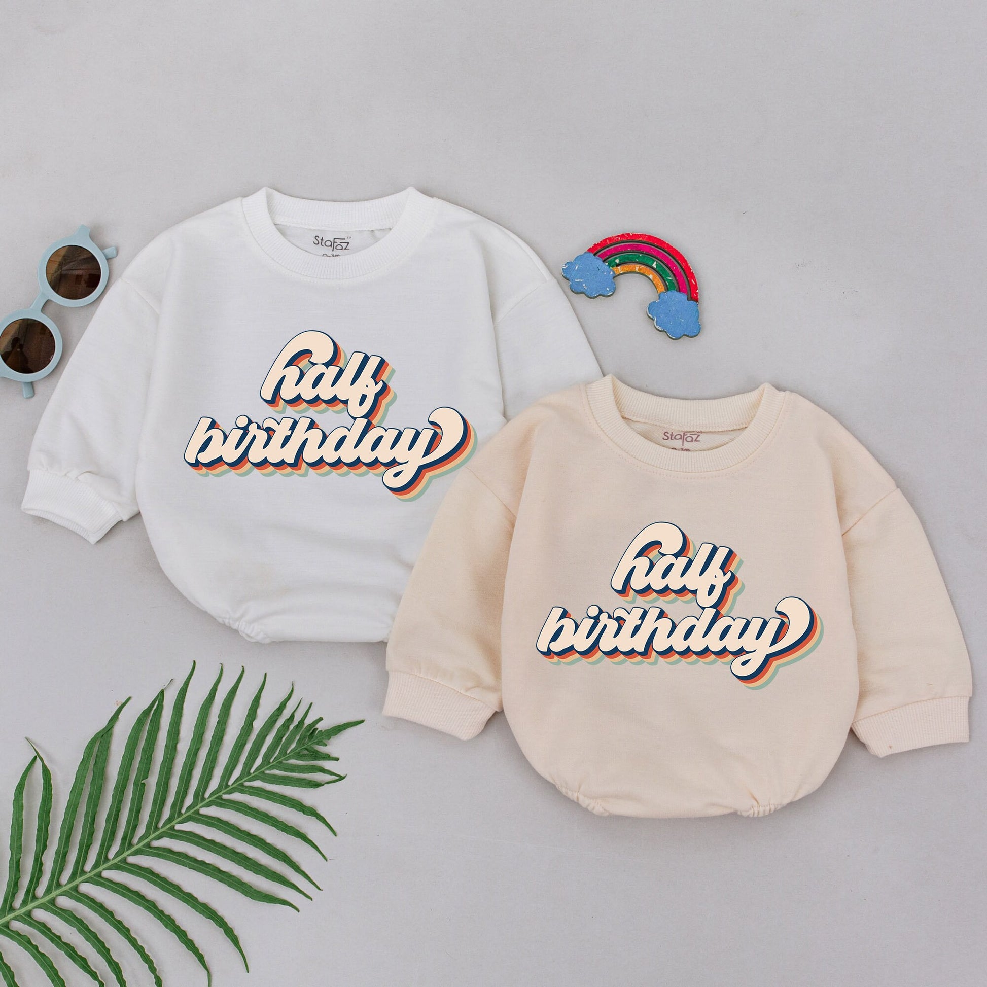 Retro Half Birthday Romper 6 Month Baby Outfit Vintage Shadow Design Half Way To One Celebration Bodysuit Playful Beige Orange Teal Navy Boy Girl Gift