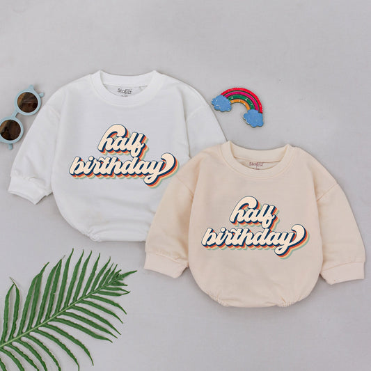 Retro Half Birthday Romper 6 Month Baby Outfit Vintage Shadow Design Half Way To One Celebration Bodysuit Playful Beige Orange Teal Navy Boy Girl Gift