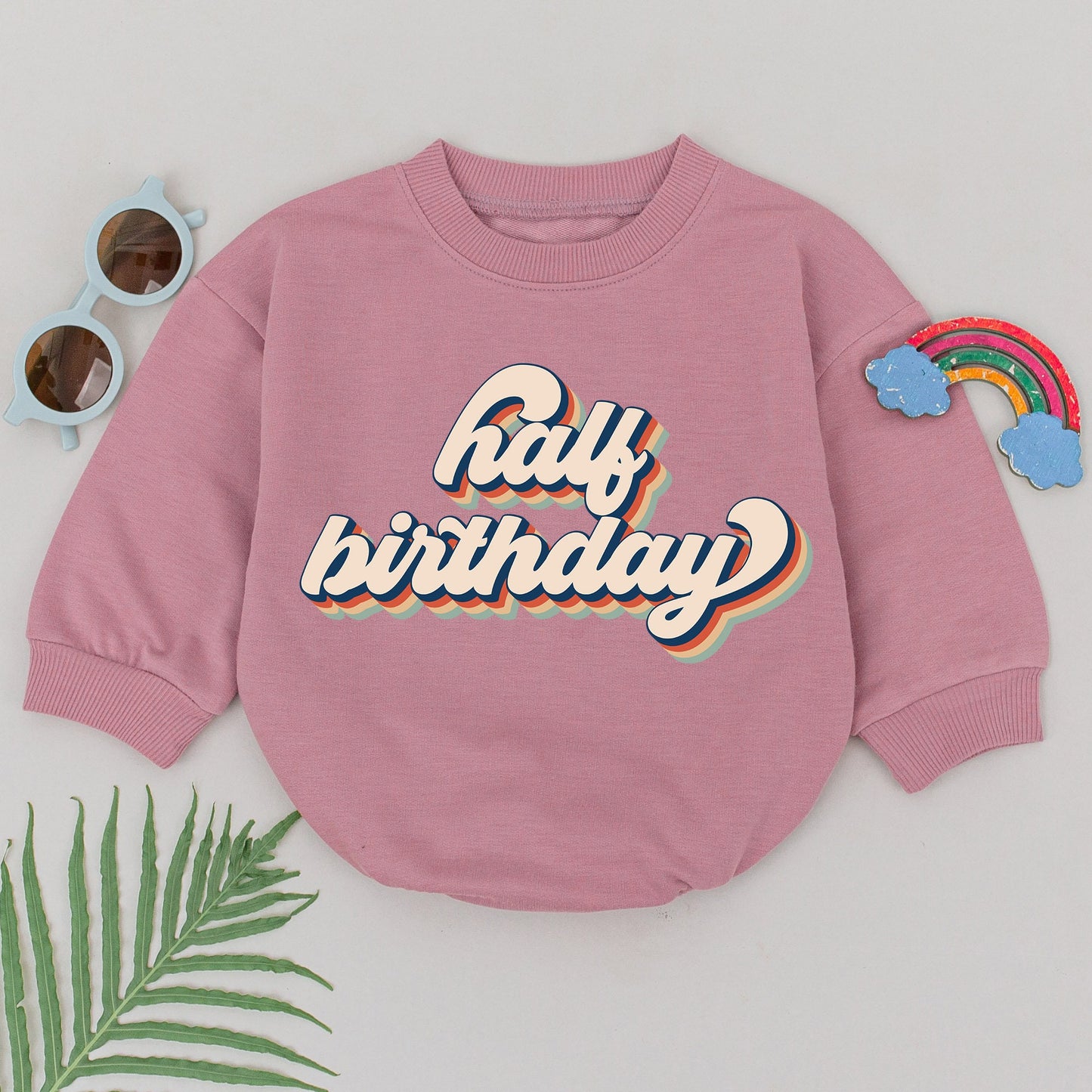 Retro Half Birthday Romper 6 Month Baby Outfit Vintage Shadow Design Half Way To One Celebration Bodysuit Playful Beige Orange Teal Navy Boy Girl Gift