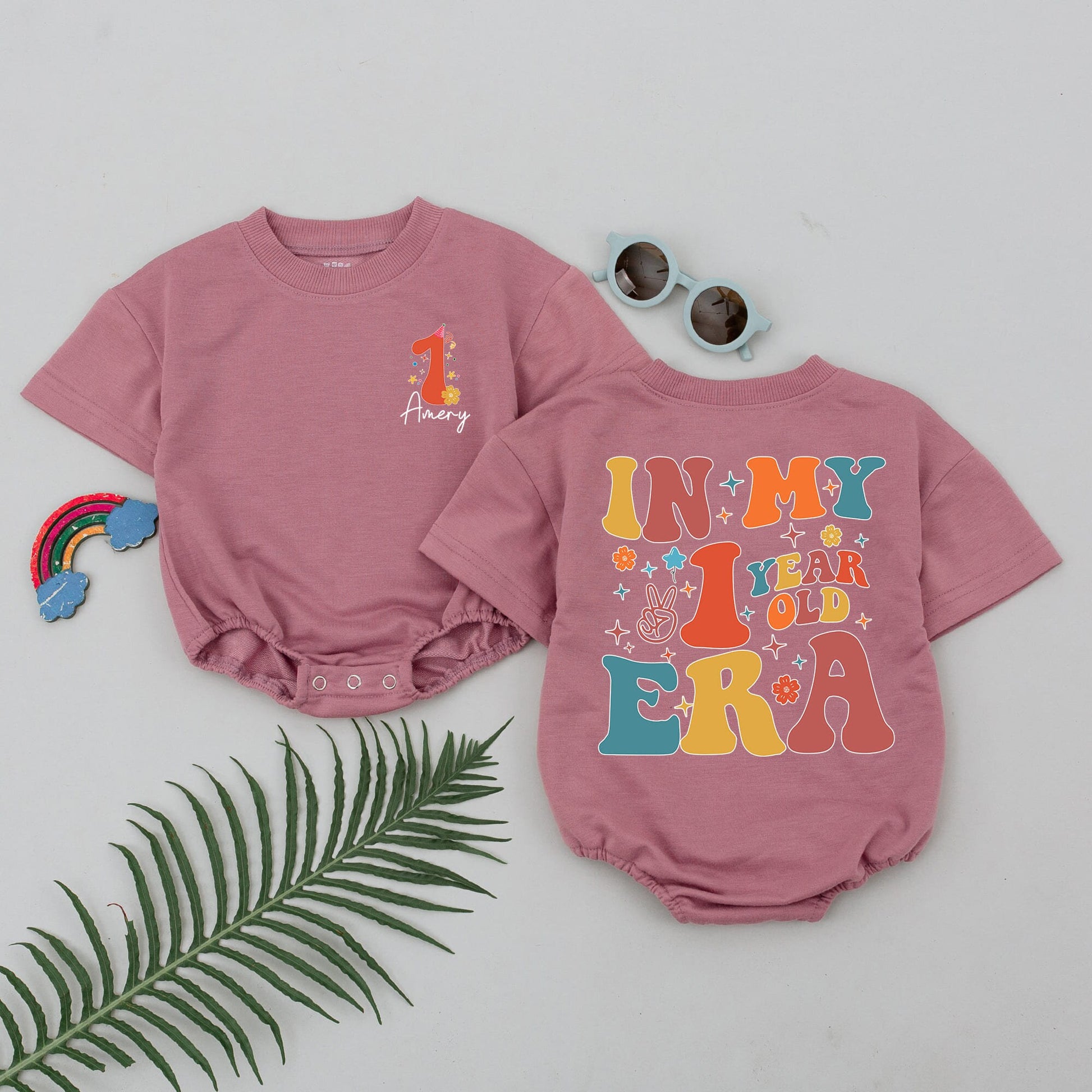 Custom Amery One Year Old Era First Birthday Short Sleeve Romper Retro Baby Bodysuit Mustard Teal Orange Party Hat Flower Star Peace Design