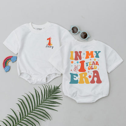 Custom Amery One Year Old Era First Birthday Short Sleeve Romper Retro Baby Bodysuit Mustard Teal Orange Party Hat Flower Star Peace Design