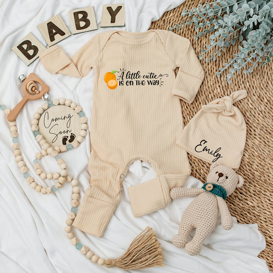 Personalized "A Little Cutie Is On The Way" Baby Bodysuit and Hat Set Custom Emily Name Newborn Gift Going Home Outfit Fruit Orange Design