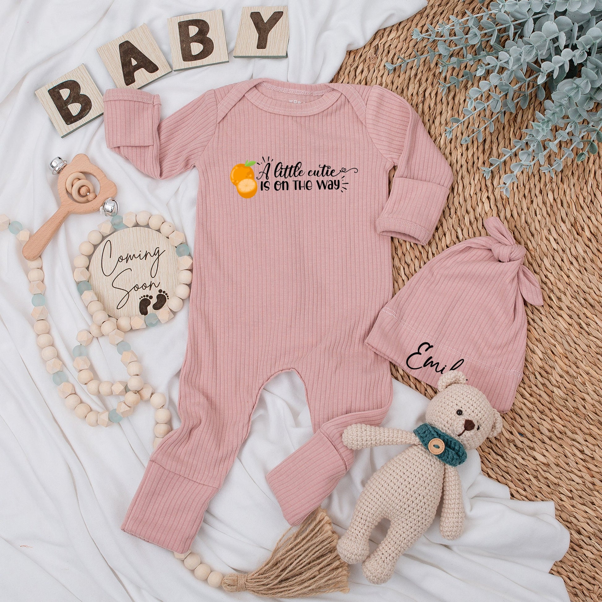Personalized "A Little Cutie Is On The Way" Baby Bodysuit and Hat Set Custom Emily Name Newborn Gift Going Home Outfit Fruit Orange Design