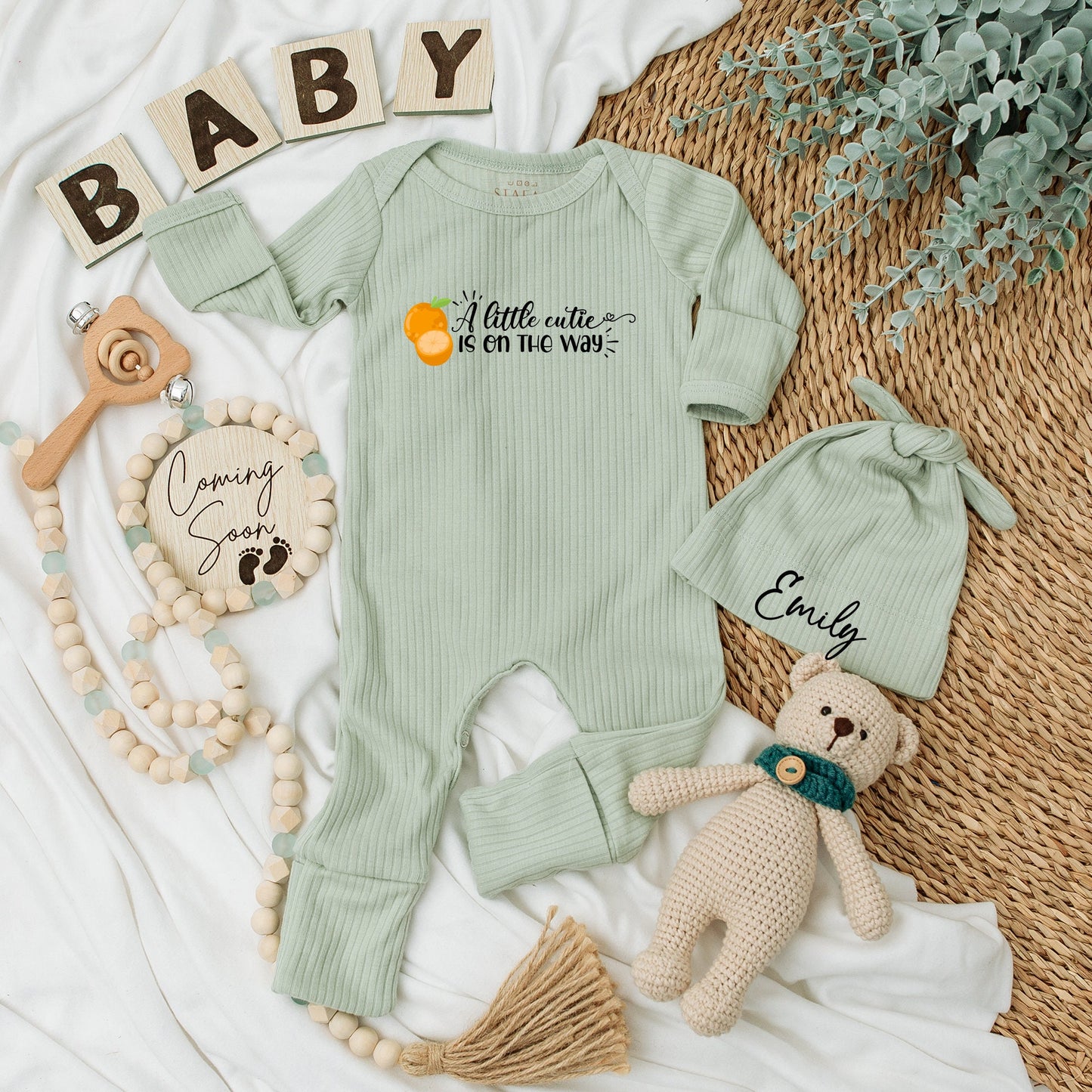 Personalized "A Little Cutie Is On The Way" Baby Bodysuit and Hat Set Custom Emily Name Newborn Gift Going Home Outfit Fruit Orange Design