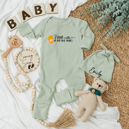 Personalized "A Little Cutie Is On The Way" Baby Bodysuit and Hat Set Custom Emily Name Newborn Gift Going Home Outfit Fruit Orange Design