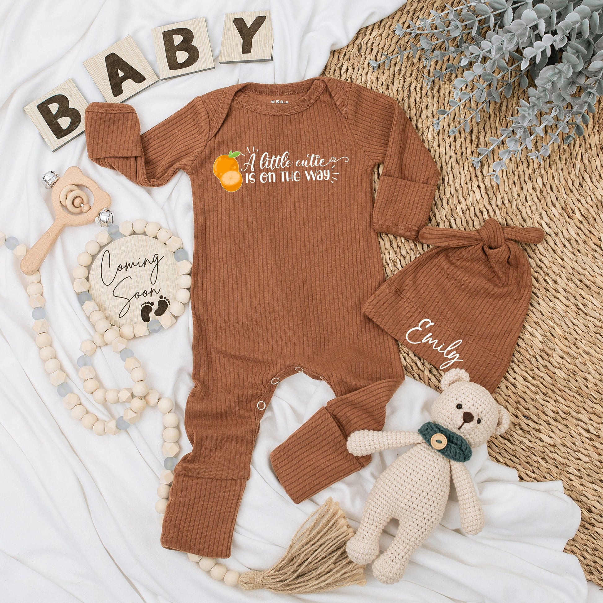 Personalized "A Little Cutie Is On The Way" Baby Bodysuit and Hat Set Custom Emily Name Newborn Gift Going Home Outfit Fruit Orange Design
