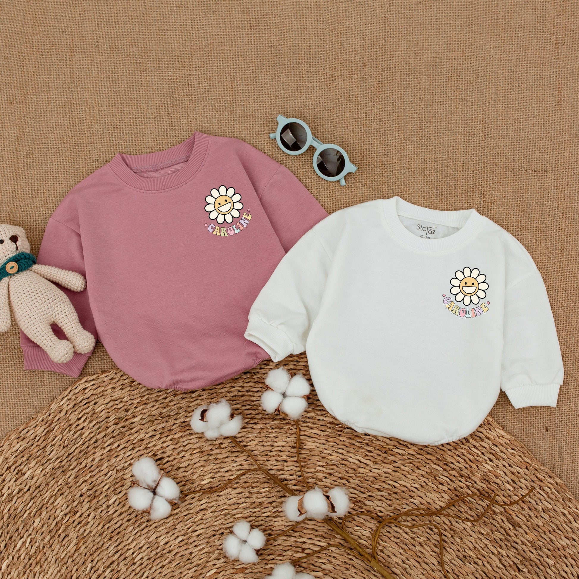 Personalized In My Birthday Era Baby Girl Romper with Caroline Smiley Daisy Fun Retro Pastel First Birthday Smash Cake Outfit