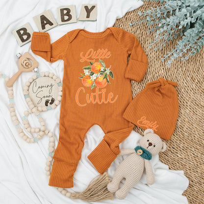 Personalized Baby Bodysuit and Hat Set Little Cutie Peach Orange Cursive Design New Baby Gift Going Home Outfit Newborn Girl Keepsake