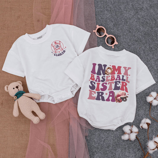 Personalized In My Baseball Sister Era Romper for Baby Girls Gameday Outfit with Player Silhouette 18 Name Purple Pink Glove Helmet