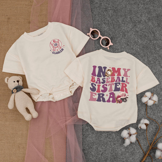 Personalized In My Baseball Sister Era Romper for Baby Girls Gameday Outfit with Player Silhouette 18 Name Purple Pink Glove Helmet