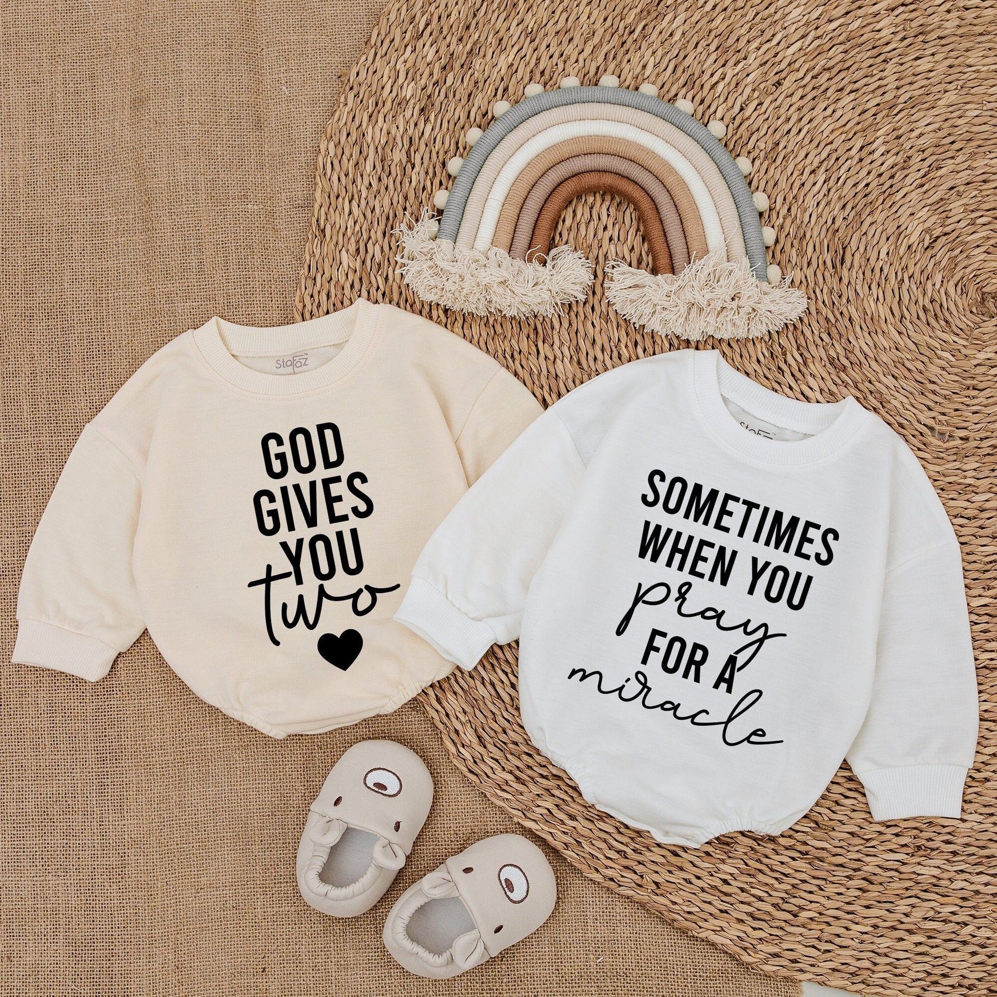 God Gives You Two Twins Brother Baby Romper Set Christian Pregnancy Announcement Gift, Modern Bubble Sweatshirt Outfit Cursive Pray Miracle Design Soft Cotton Newborn Clothes