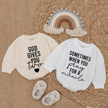 God Gives You Two Twins Brother Baby Romper Set Christian Pregnancy Announcement Gift, Modern Bubble Sweatshirt Outfit Cursive Pray Miracle Design Soft Cotton Newborn Clothes