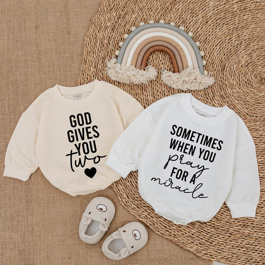 God Gives You Two Twins Brother Baby Romper Set Christian Pregnancy Announcement Gift, Modern Bubble Sweatshirt Outfit Cursive Pray Miracle Design Soft Cotton Newborn Clothes