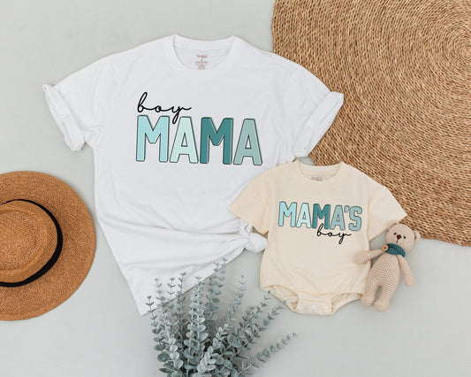 Boy Mama Mamas Boy Matching Shirts for Mom & Son Modern Playful Blue Block Letters Cursive Boy Design Toddler Tee Baby Shower Gift Family Outfit