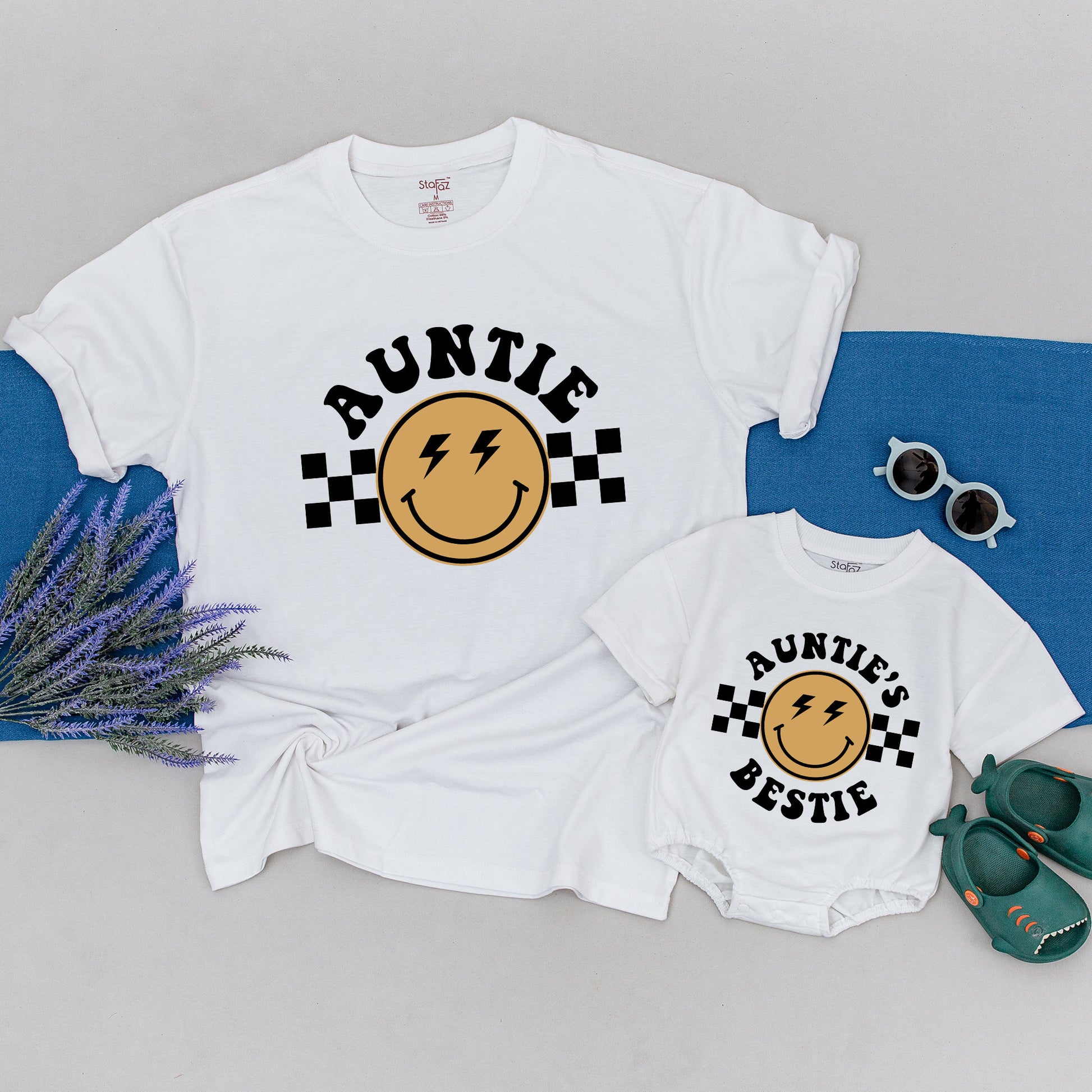 Personalized Auntie or Bestie Retro Vintage Shirt, Black Mustard Yellow Checkered Lightning Face Tee Gift for First Time Aunt