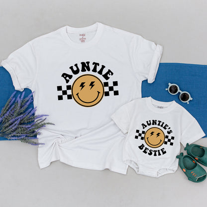 Personalized Auntie or Bestie Retro Vintage Shirt, Black Mustard Yellow Checkered Lightning Face Tee Gift for First Time Aunt
