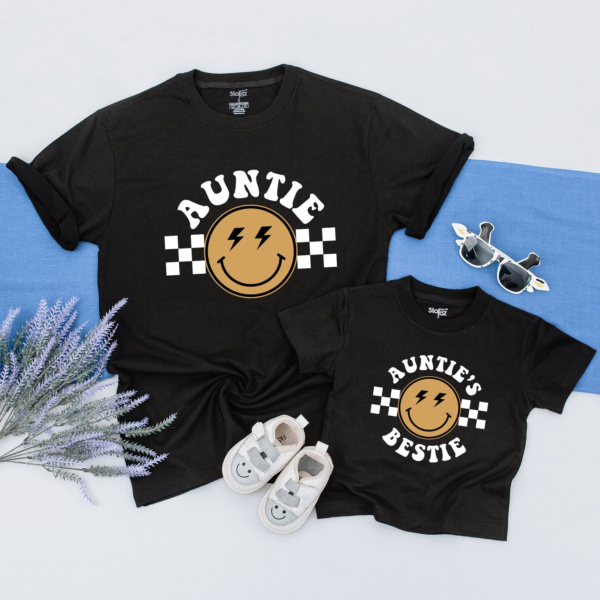 Personalized Auntie or Bestie Retro Vintage Shirt, Black Mustard Yellow Checkered Lightning Face Tee Gift for First Time Aunt