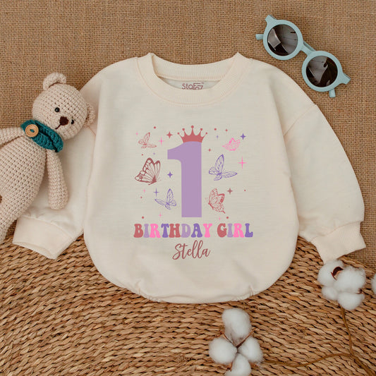 Personalized Butterfly First Birthday Girl Romper with Crown Pink Purple Wavy Design Baby Bodysuit Bubble Outfit Celebratory Gift