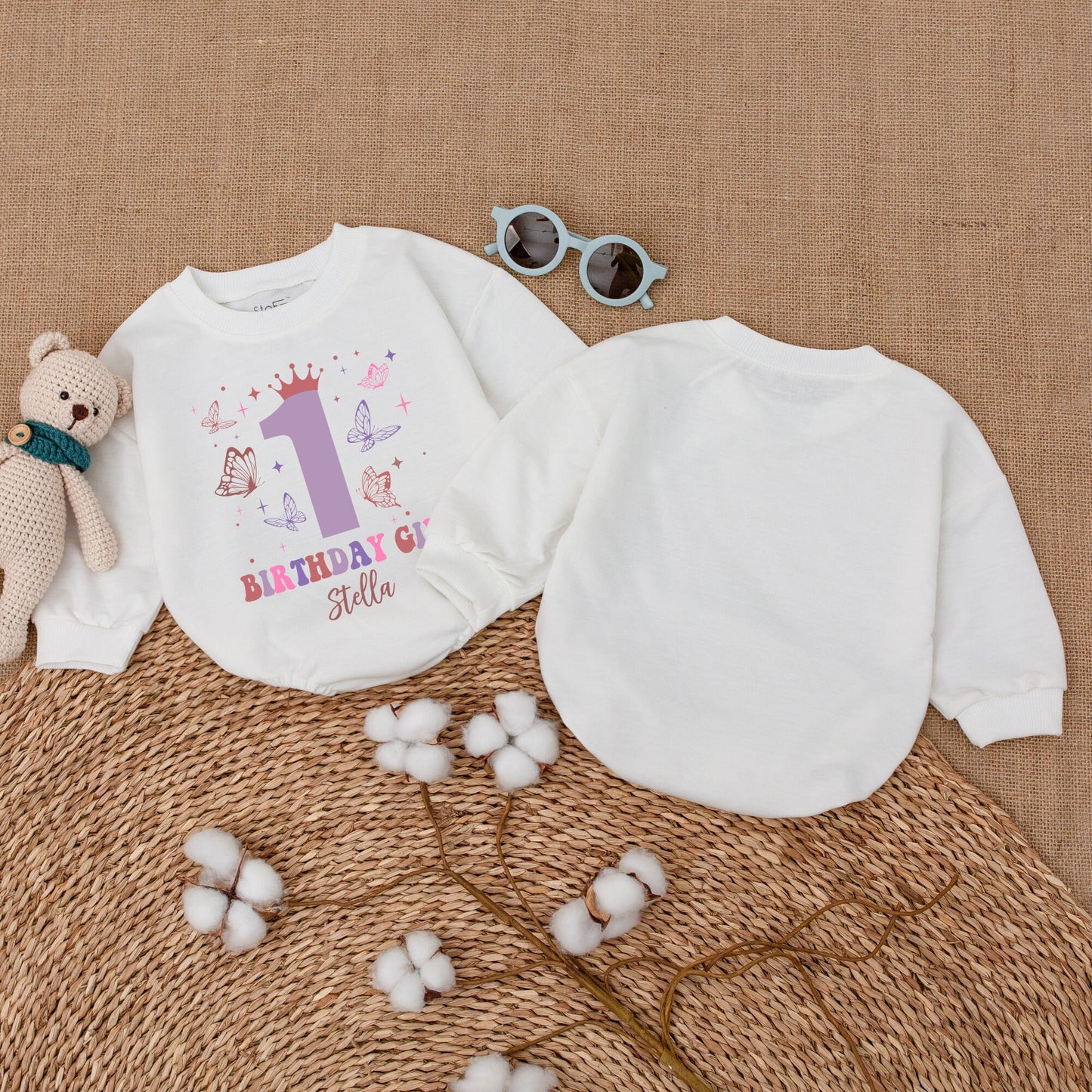 Personalized Butterfly First Birthday Girl Romper with Crown Pink Purple Wavy Design Baby Bodysuit Bubble Outfit Celebratory Gift