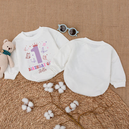 Personalized Butterfly First Birthday Girl Romper with Crown Pink Purple Wavy Design Baby Bodysuit Bubble Outfit Celebratory Gift