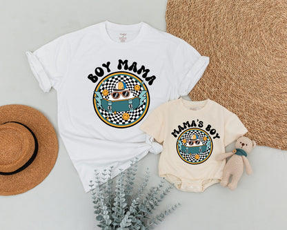 Personalized Matching Boy Mama Son Shirts Retro Skateboard Groovy Mom & Me Outfit Checkerboard Smiley Face Vintage Family Birthday Celebration Set