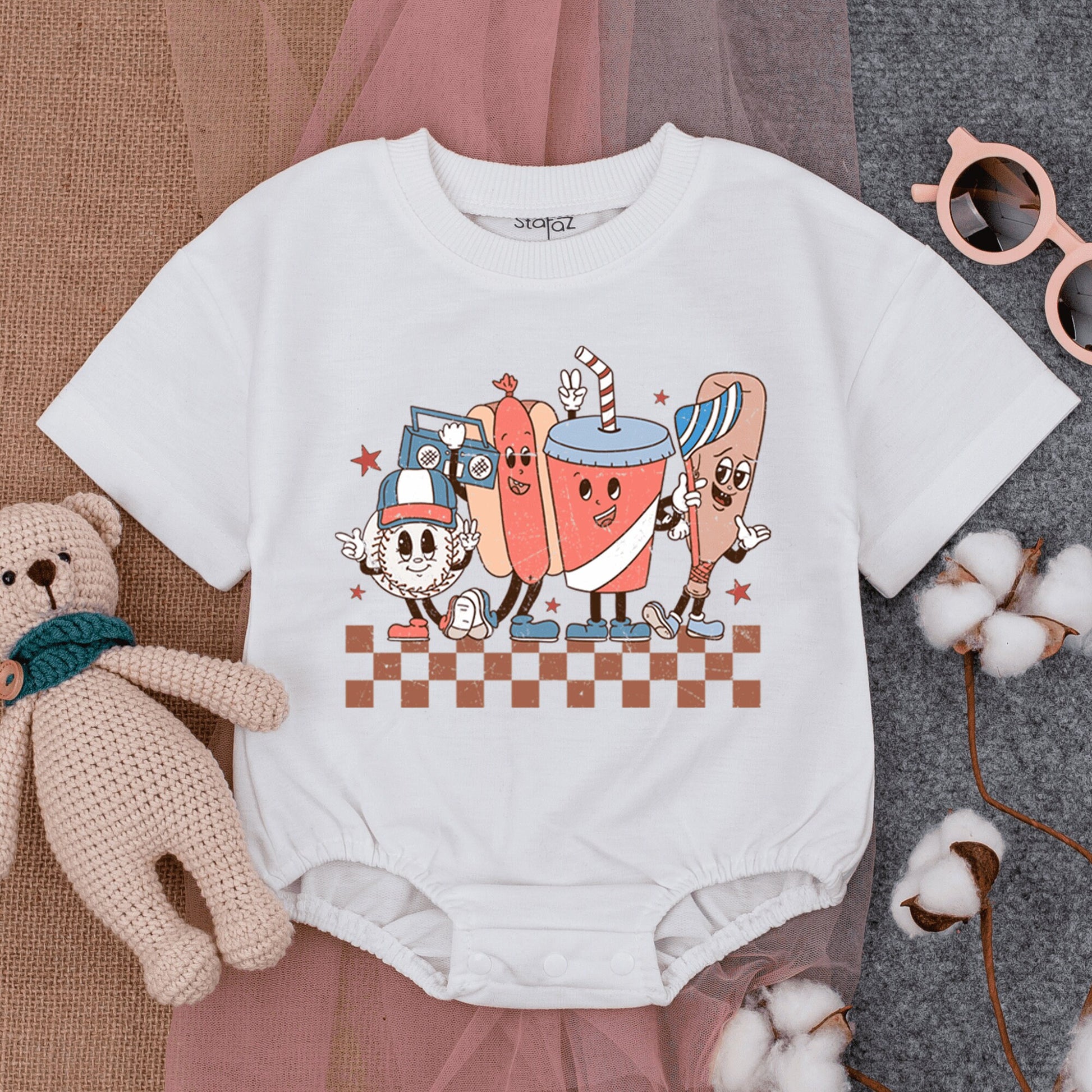 Groovy Retro Baseball Game Romper Short Sleeve Baby Bodysuit featuring fun cartoon characters like a hotdog baseball and soda for infant boys girls