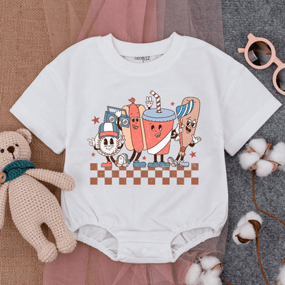 Groovy Retro Baseball Game Romper Short Sleeve Baby Bodysuit featuring fun cartoon characters like a hotdog baseball and soda for infant boys girls