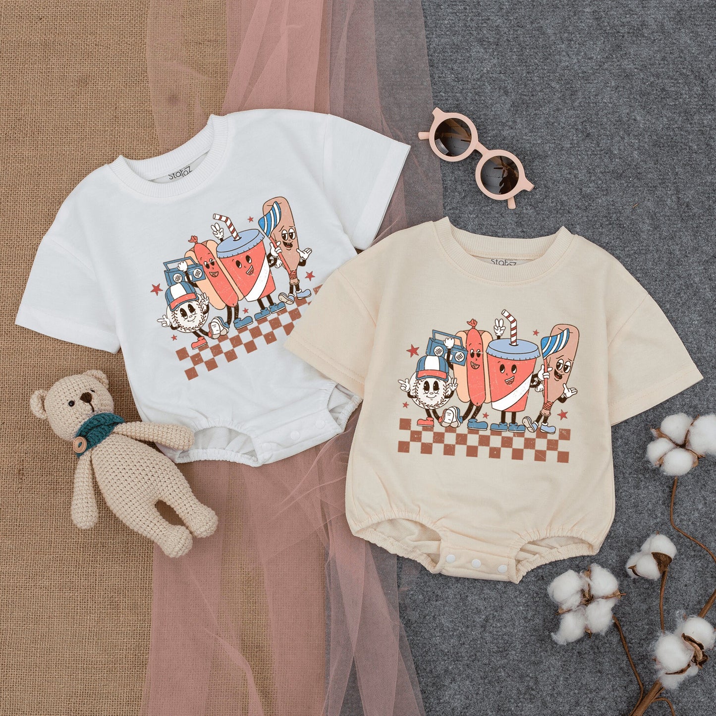 Groovy Retro Baseball Game Romper Short Sleeve Baby Bodysuit featuring fun cartoon characters like a hotdog baseball and soda for infant boys girls