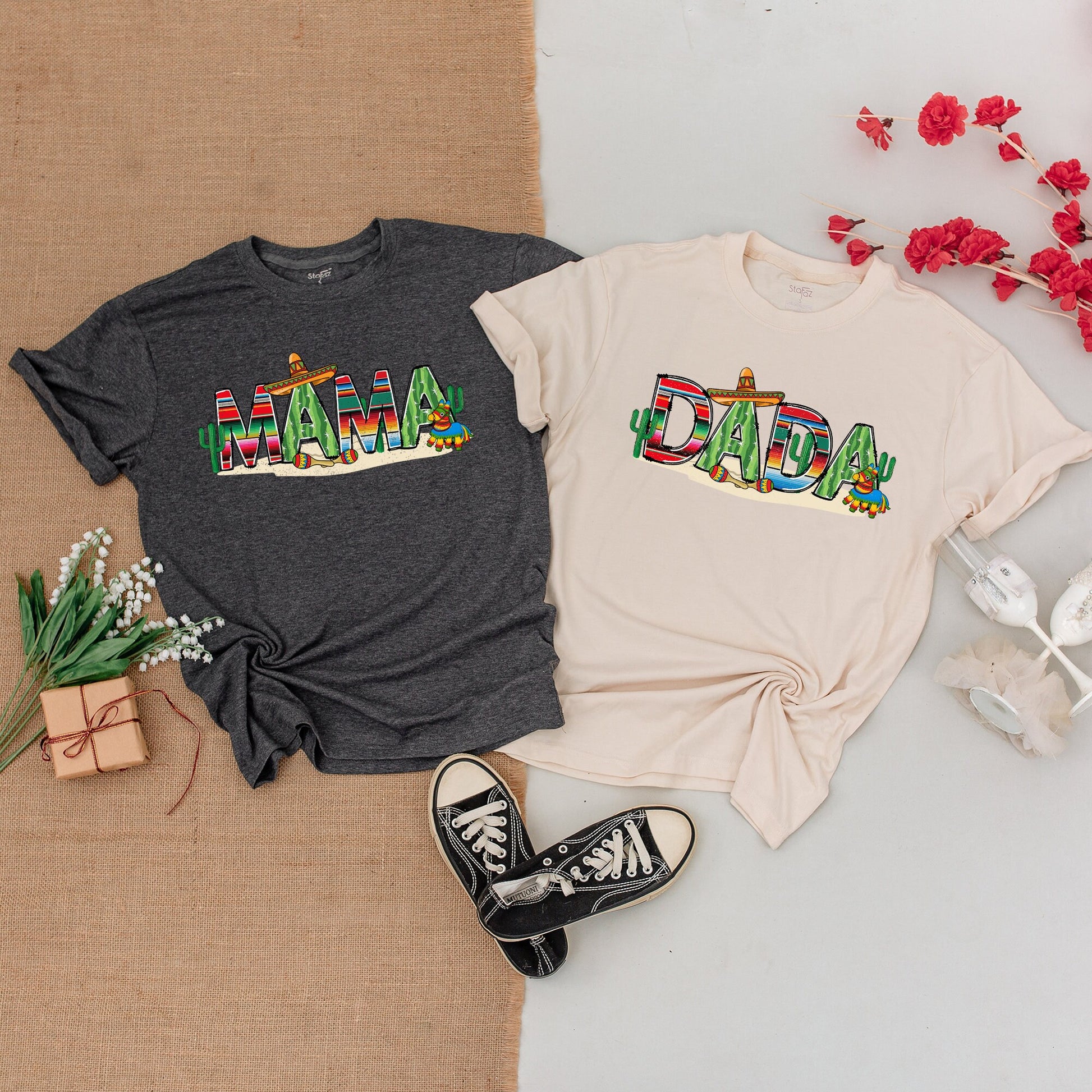 My First Fiesta Birthday Family Matching Outfits with Vibrant Mexican Cacti Pinata Stripe Design Baby One Mama Dada Brother Shirts